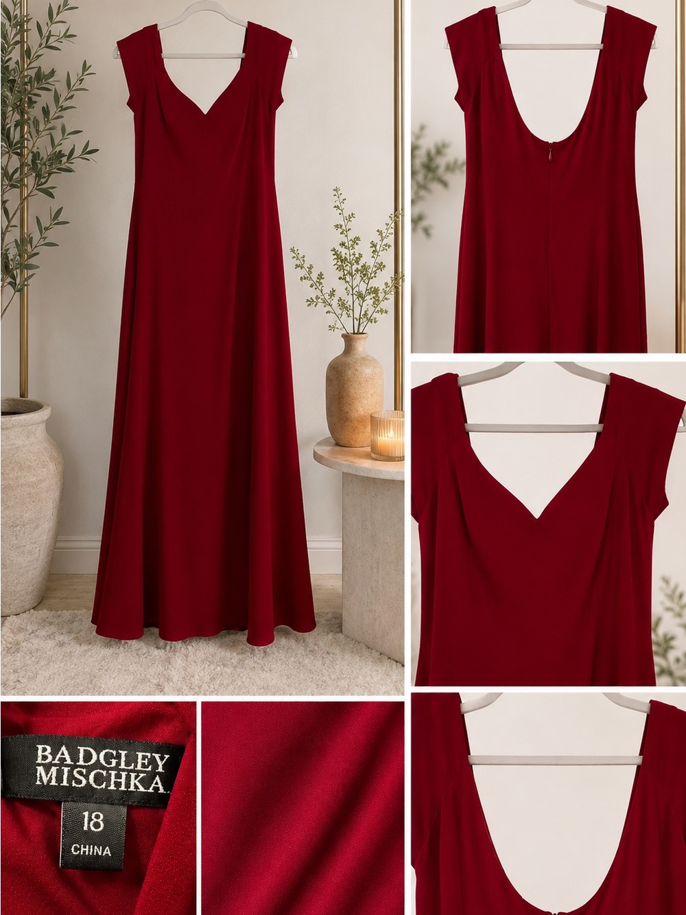 Badgley Mischka Deep Red V-Neck A-Line Evening Gown